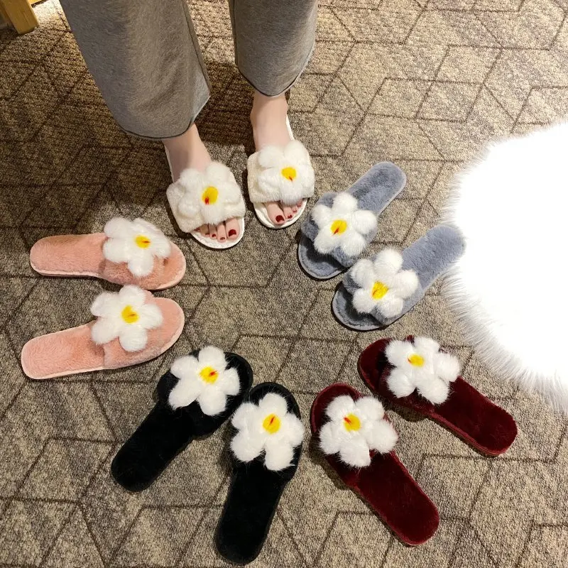 

Women Fluffy Slippers Winter Warm Fur Shoes Lovers Cute Flowers Softsole Home Indoor Ladies Plush Zapatillas Mujer MTX85