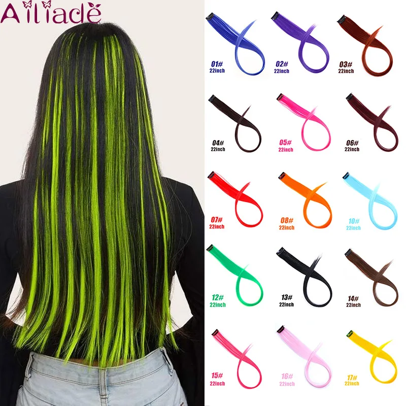 

AILIADE Clip In One Pieces Hair Extensions Straight Ombre Fluorescent green Extension Hair Women Synthetic False Fake Hair