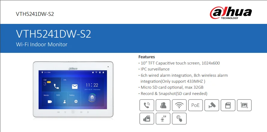 Dahua видеодомофоны VTH5241DW WiFi внутренний монитор 1" TFT сенсорный экран для IPC наблюдения Micro SD карта дополнительно макс 32 Гб