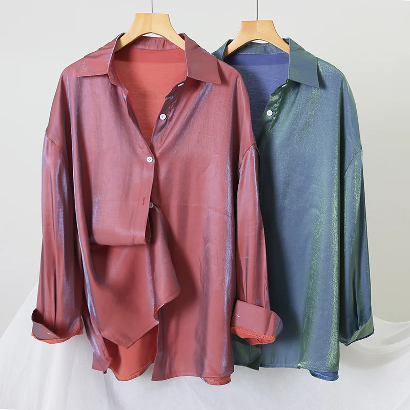 

Elegant Women Spring Autumn Turn-down Collar Long Sleeve Bling Cotton Basic Shirt Vintage Loose Size Cardigan Button Blouse Tops