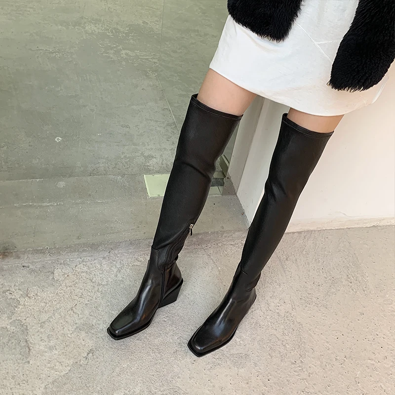 Siila rulers runway black pointed toe thigh high boots woman Knight boots over the knee boots flat winter long boots woman - Цвет: balck