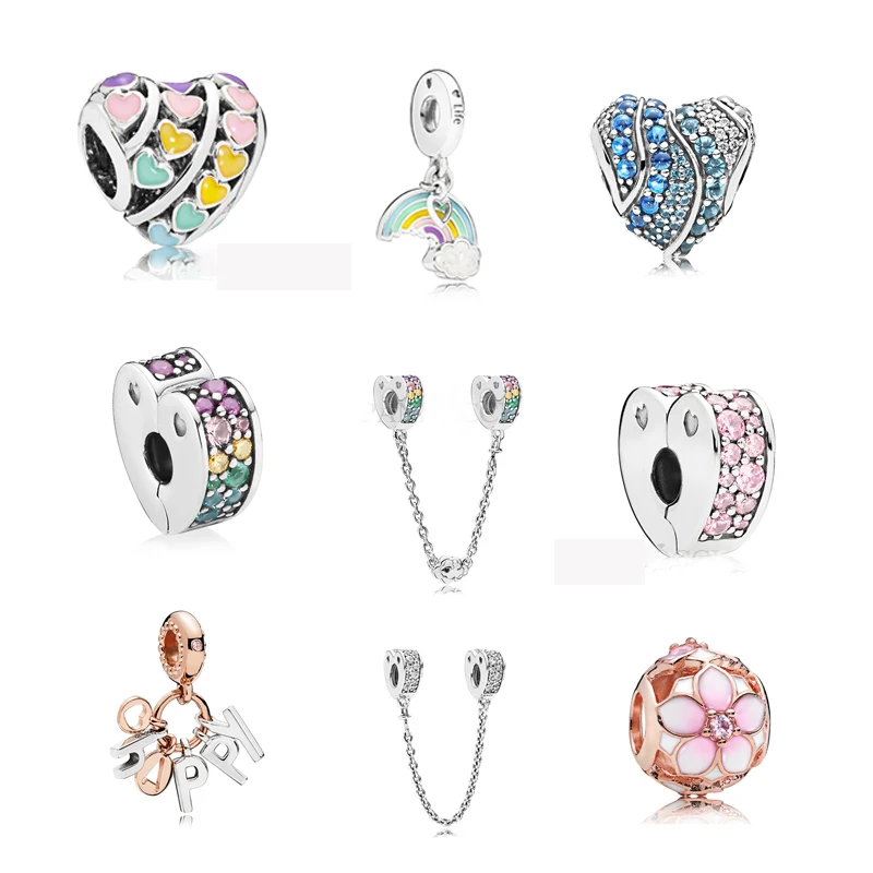 

QANDOCCI 925 Sterling Silver Rainbow Heart Clip Safety Chain DIY Fits for Original Bracelets Jewelry 2018 New Spring