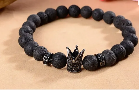 8mm vd232 Crown gold cz zircon cubic zirconia elastic adjusted black volcanic lava Bracelet Stone bead essential oils diffuser | Украшения