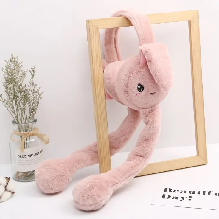 Winter kids Women Faux Earflap Girl Child Funny Plush Animal rabbit ear bunny Cap with Airbag Jumping Ear Movable Gift Earmuffs photo