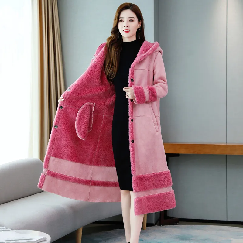 pink parkas Розовая замшевая овечья шерсть женская зимняя куртка с капюшоном плюс бархатное зимнее пальто Утепленные длинные женские парки стеганая куртка пальто C5973 - Цвет: pink parkas