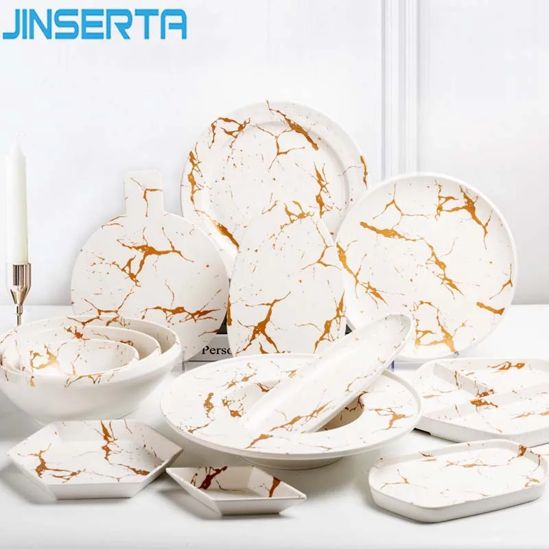 

JINSERTA Melamine Storage Tray Marbled Dessert Fruit Cake Snack Plate Tea Coffee Milk Serving Tray Home Tableware Decor