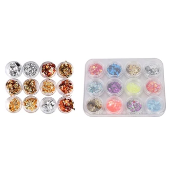 

12x Colors Nail Art Acrylic UV Gel Crushed Shell Shiny Spark Sparkling Powder Flakes Tips Decoration & 12Pcs Nail Art Foil Paper