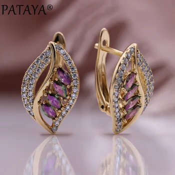 PATAYA New Horse Eye Colorful Natural Zircon Drop Earrings 585 Rose Gold Women Fine Fashion Jewelry Luxury Hollow Metal Earrings
