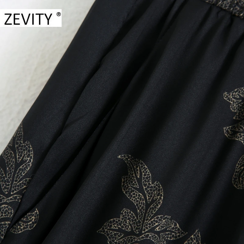 ZEVITY Women vintage flower print pockets patch straight pants female elastic waist pleats casual slim Trousers chic pants P934