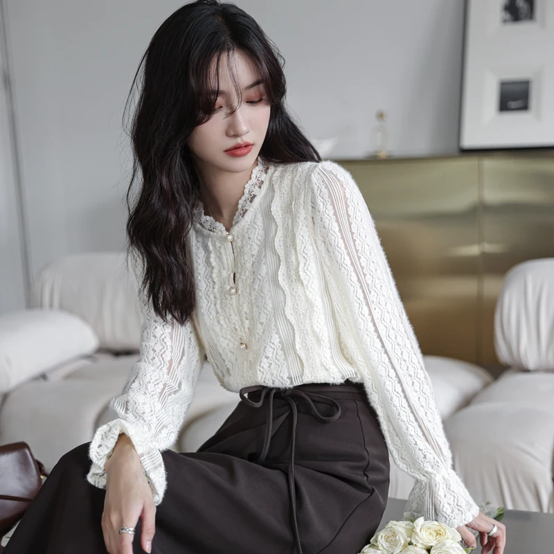 

Осенне-зимняя утепленная флисовая кружевная рубашка, женские модные элегантные свободные повседневные топы в Корейском стиле с длинным рукавом, блузка абрикосового цвета, 1659