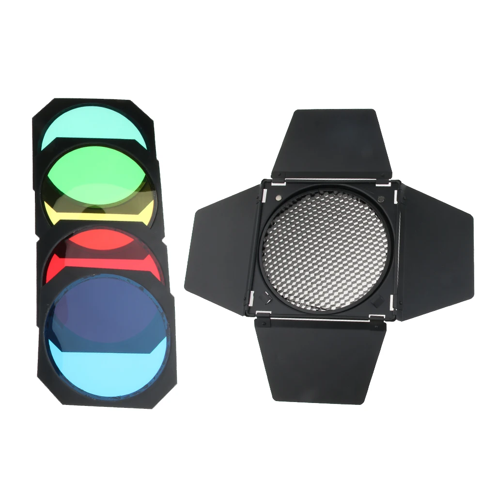 Barn Door Honeycomb Grid with 4 Color Gels Filter for 18cm / 7 inch Standard Reflector