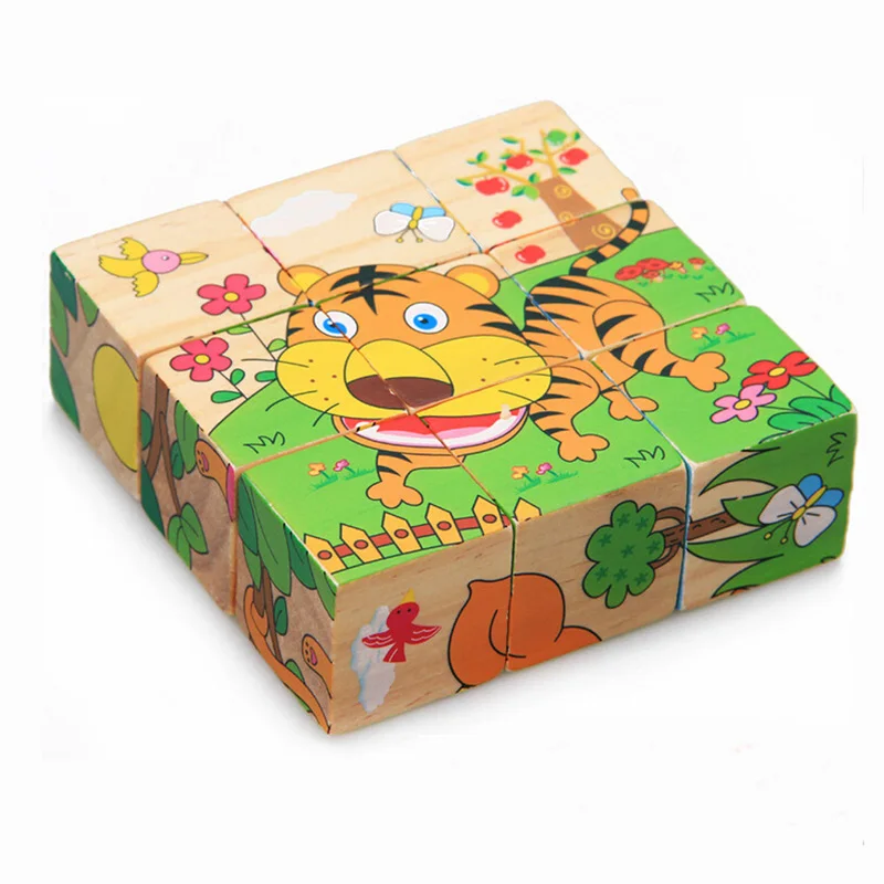 Деревянный животные пазл детские игрушки 6 сторон мудрости головоломки раннее образование обучающие Игрушки Tangram детская игра 9 шт. один 3D пазл - Цвет: Forest animals