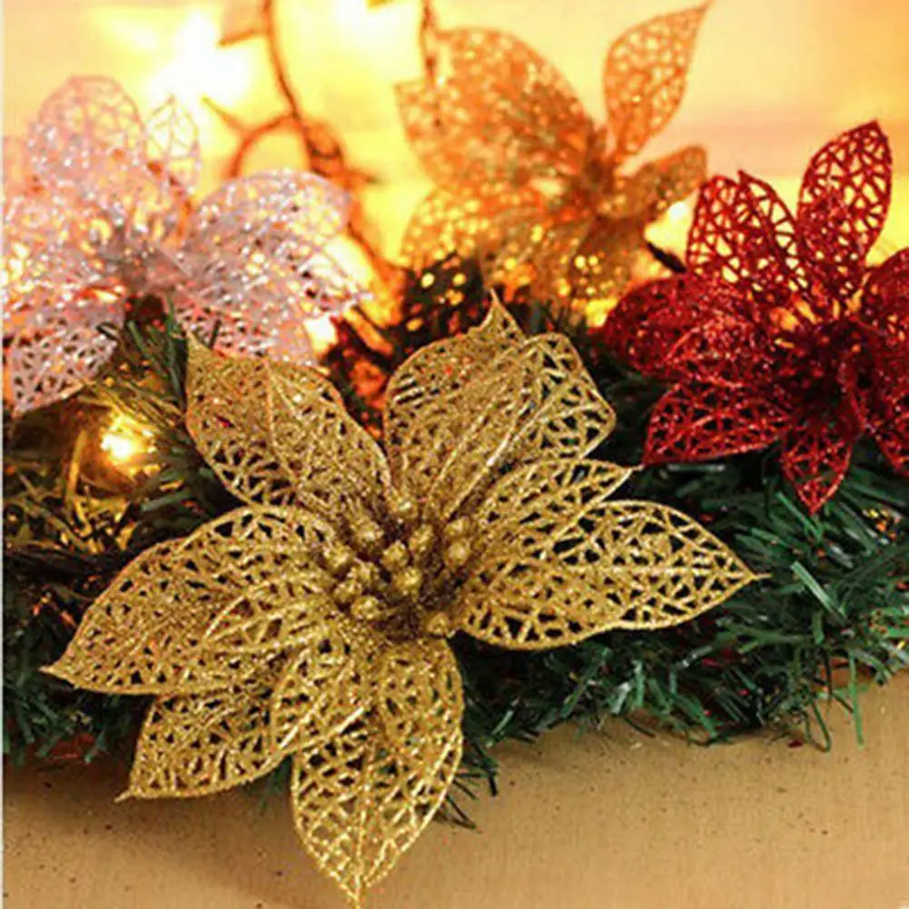 10Pcs 15cm Hollow Artificial Christmas Flower Ornament Xmas Tree Garland Decor Decorations For Home Gift | Дом и сад