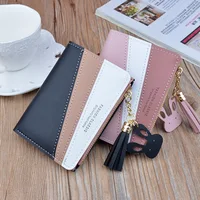 Women Wallet Patchwork Design Small Zipper Coin Purse Tassel Decoration Money Bag Simple Card Holder Contrast Color PU Leather 2