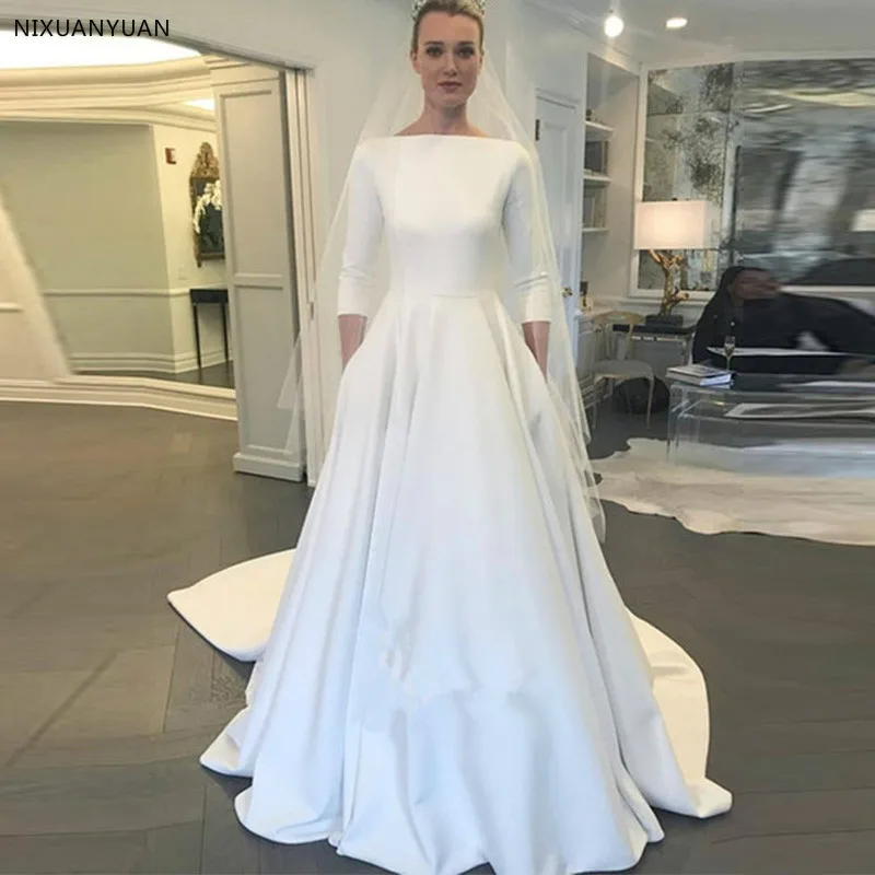 

2019 Elegant A-line Satin Wedding Dresses Three Quarter Length Sleeves Zipper With Button Back Simple Cheap Vestido De Noiva