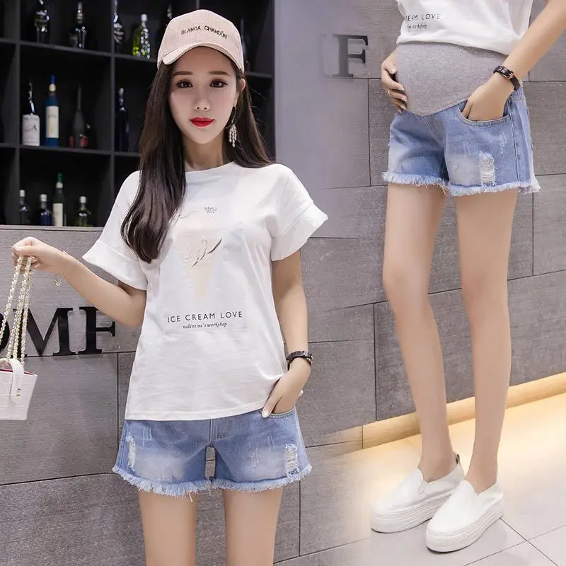 

Maternity Pants Photo Shoot 2019 New Style Spring And Autumn Washing Water Cowboy Abdominal Support Shorts