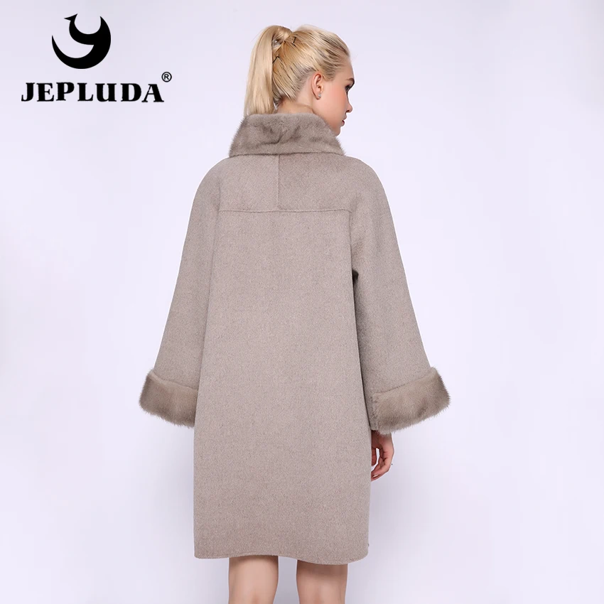 JEPLUDA шерстяное пальто женское кашемир норковые воротник манжет карман Plus Size пальто женское кашемировое с мехом норки весна-осень женская куртка из натурального меха норка большой размер женская пиджак