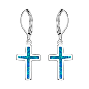 

NPKDS Boho Fashion Blue Fire Opal Cross Dangle Earrings Long Drop Earrings Bride Vintage Party Wedding Jewelry Best Gift