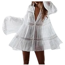 Swimwear Bikini Women for Sun-Protection White Tunic Cover-Up Beach-Dress Long-Sleeve