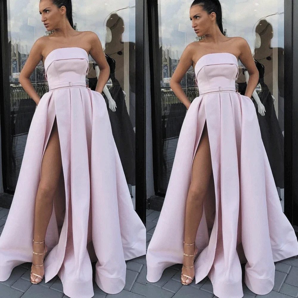 Strapless Pink Prom Dresses with Pockets Latest Fashion Satin A line