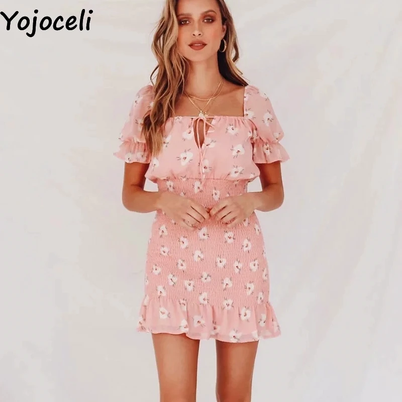 Женское Короткое платье Yojoceli облегающее пляжное с цветочным принтом и оборками