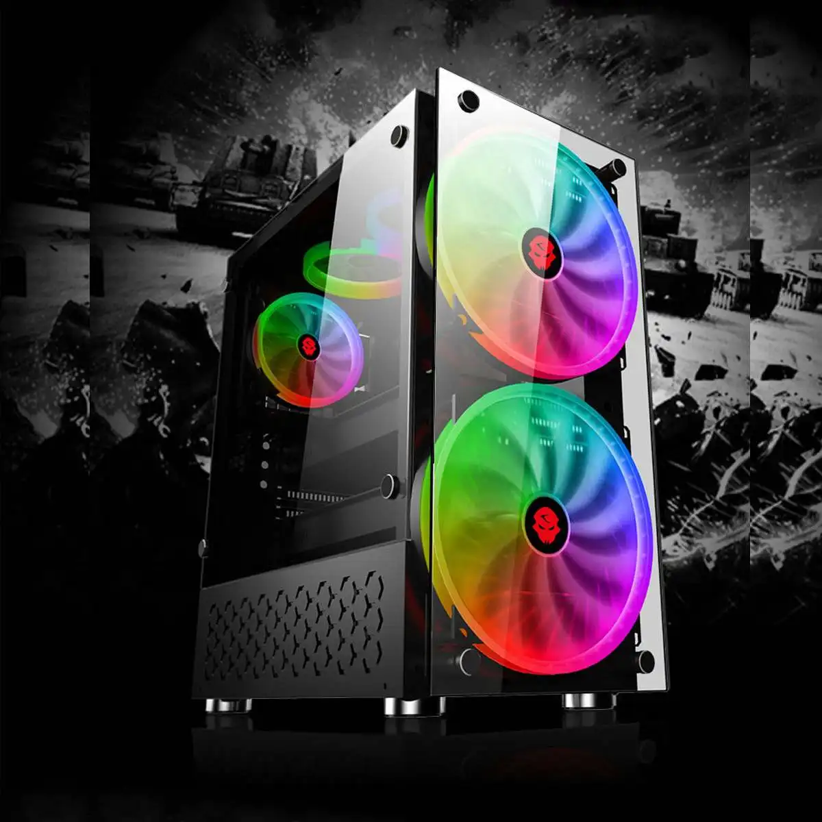  LEORY ATX Gaming Water Cooling PC Case Double Side Tempered Glass Panels RGB Computer Case with 2 C