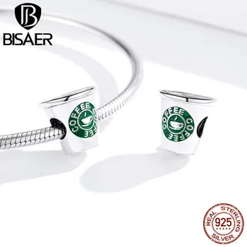 

BISAER Charms 925 Sterling Silver Coffee Cup For Bracelet Green Enamel Bead Pendant DIY Necklace For Women Fine Jewelry HSC1545