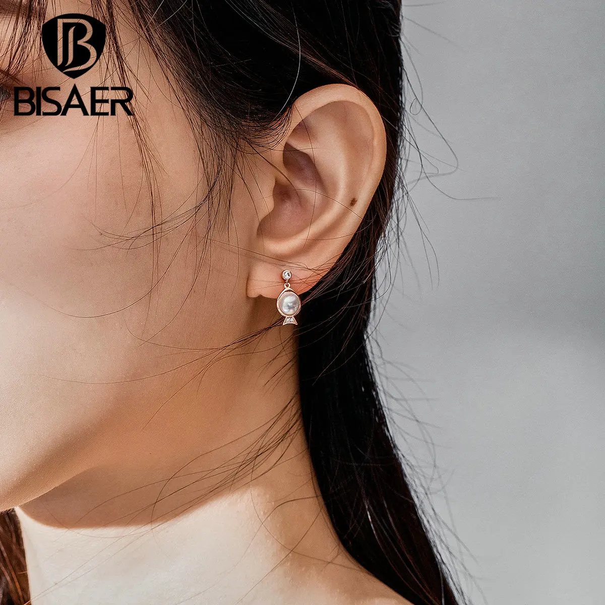 Винтажные серьги BISAER 925 пробы серебряные серьги-гвоздики в форме маленькой рыбки для женщин ювелирные изделия из пресноводного жемчуга ECE798