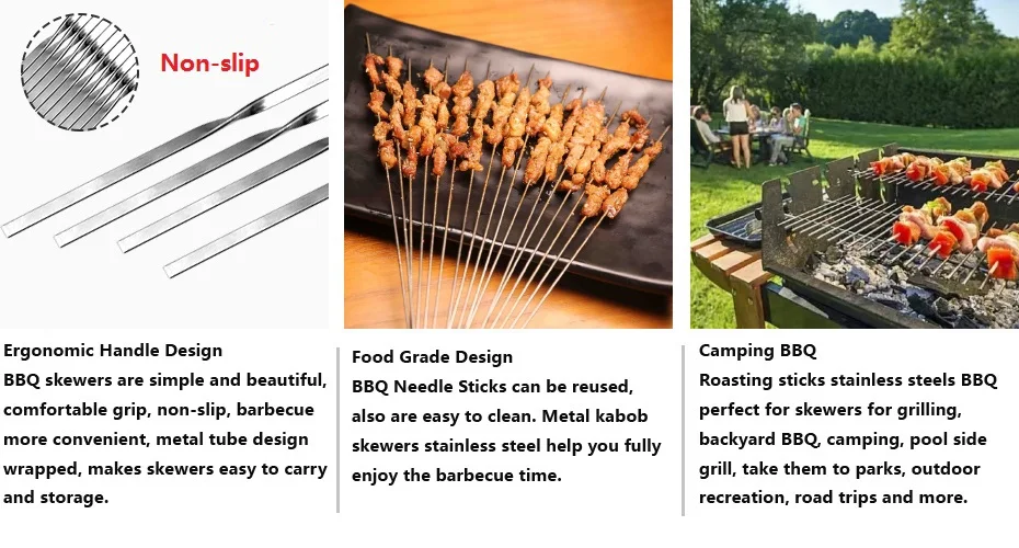 20PCS BBQ Skewers Stainless Steel Flat Metal Camping Grill Needle Kebab Sticks