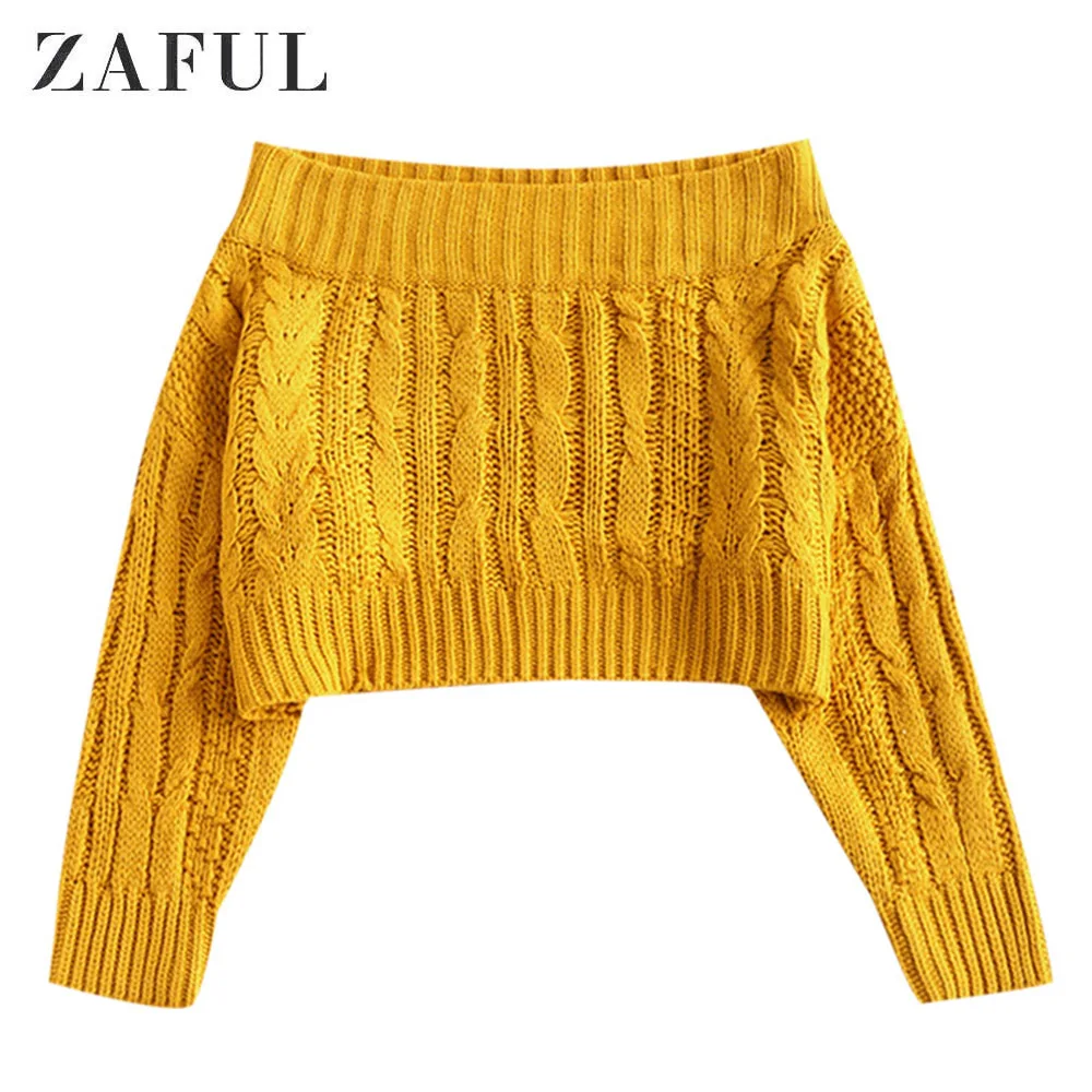 ZAFUL Chunky Cable Knit Off The Shoulder Neckline Sweater Long Sleeves Loose Striped Female Pullovers Elastic Autumn Winter Warm | Женская
