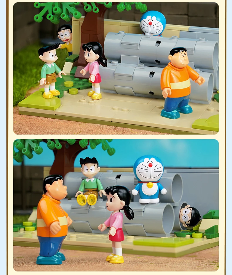 2021 new classic anime Doraemon restoration cement pipe open space scene model building block toy building block girl boy toy