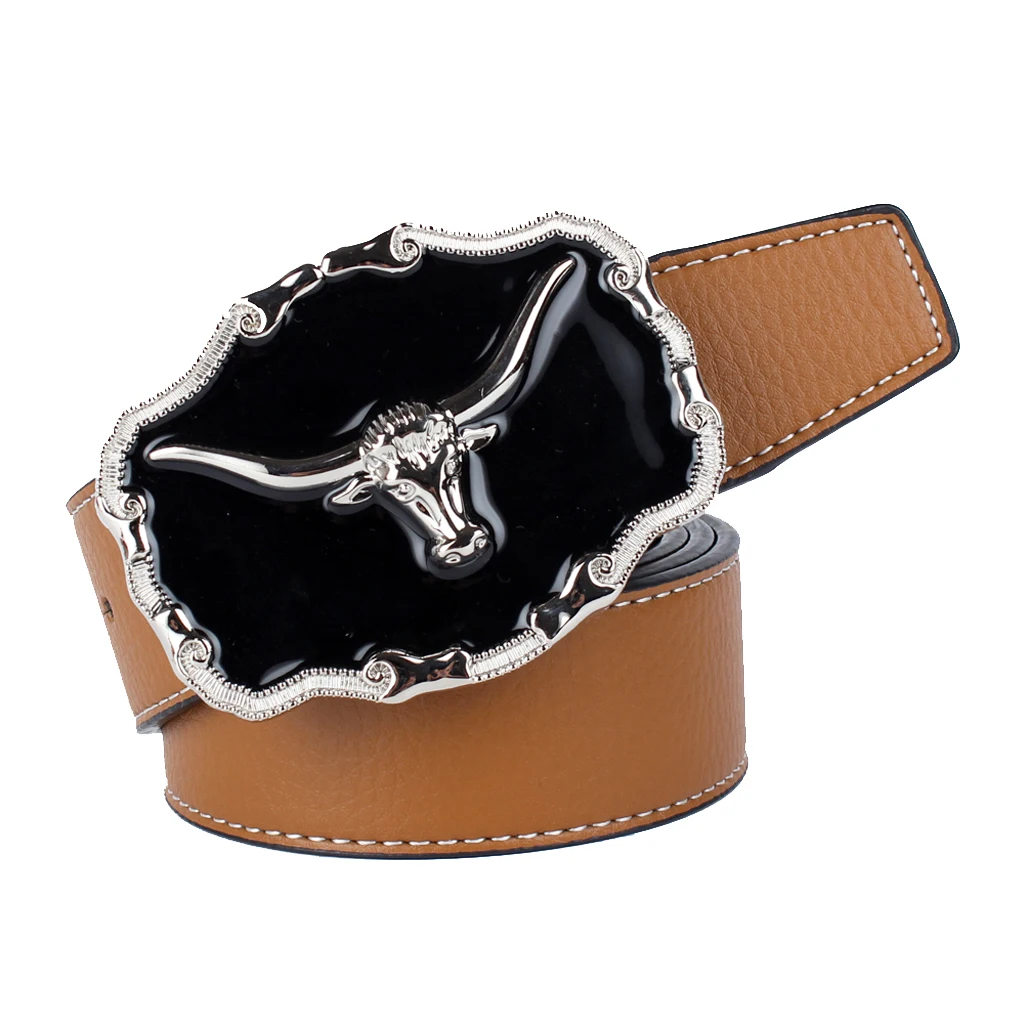 Western Cowboy Belt Oval Shape Metal Buffalo Head Buckle Fiber Genuine Leather Belt Strap 110-125cm