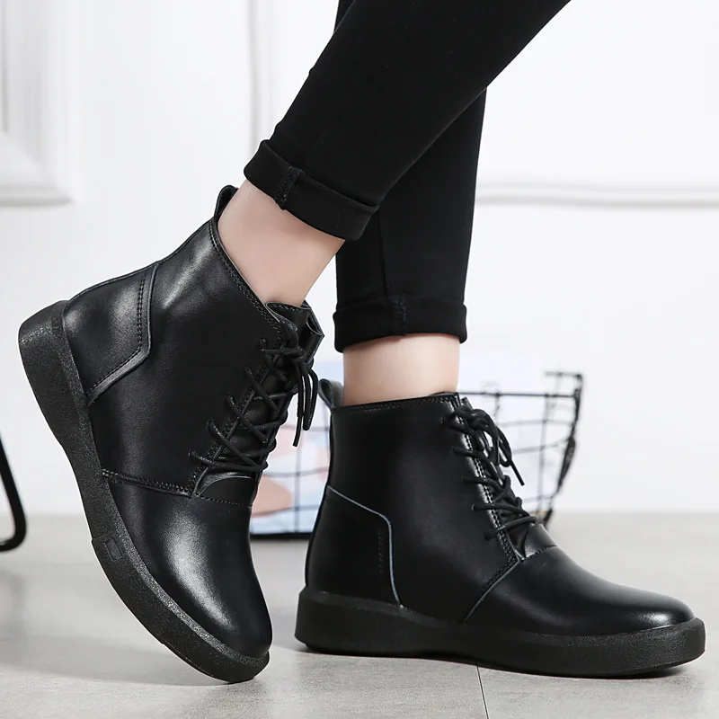 

Woman Short Boots Increase Women's Shoes Flat Bottom Short Boots England Boots Woman Black Leather Shoes
