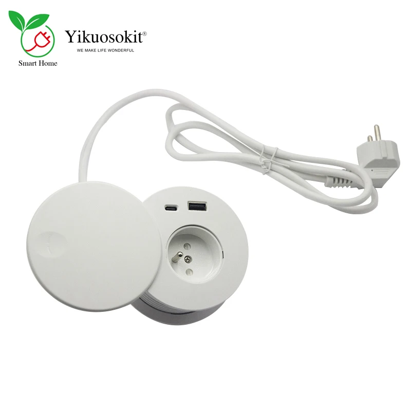 

White Black Shell Round French Plug Power Socket With Slide Cover Lid USB-A Type-C Charging Tabletop Grommet 16A Tabletop Outlet
