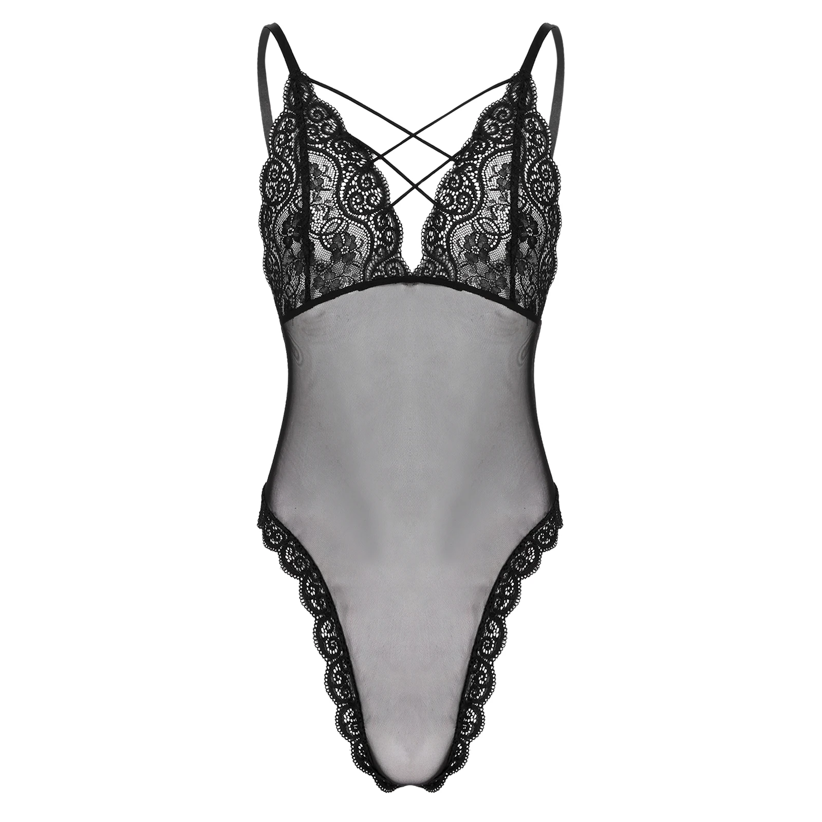 

Men Sissy Lingerie See-through Mesh Lace Patchwork Bodysuit Underwear Crisscross Strappy Adjustable Straps Leotard Jumpsuit