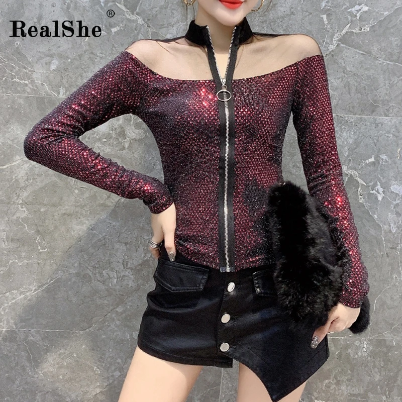 RealShe, женская футболка с блестками,, круглый вырез, длинный рукав, Сетчатая футболка, Женская Весенняя Повседневная Лоскутная футболка на молнии, Рождественская женская футболка