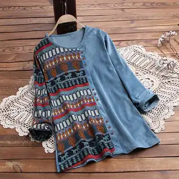 

Oversized Tunic Women Corduroy Shirts 2020 ZANZEA Kaftan Printed Blouse Casual Long Sleeve Blusas Female O Neck Patchwork Blusas