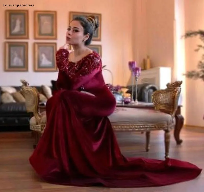2018 Arabic Gorgeous Long Sleeves Formal Evening Dresses with Beaded Collar Mermaid Burgundy Velvet Long Prom Dress Mother Dress BA6885 148 (3)