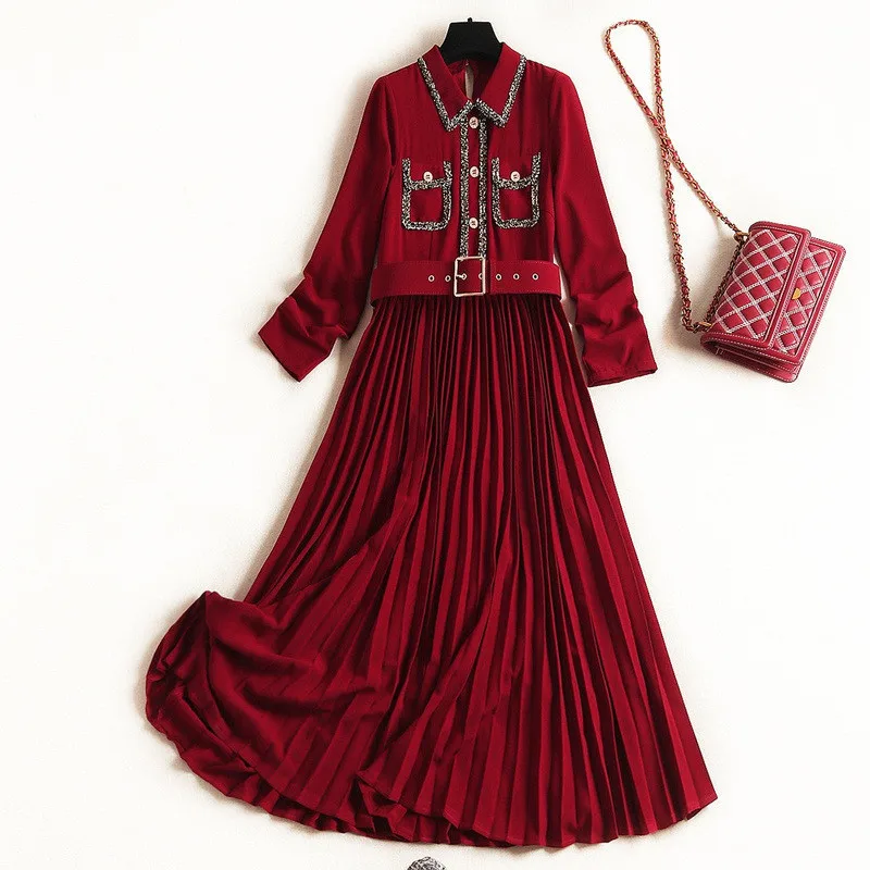 Модное осеннее женское платье Vestidos, новинка, дизайнерское платье с длинным рукавом и отложным воротником, однотонное повседневное плиссированное платье до середины голени с поясом