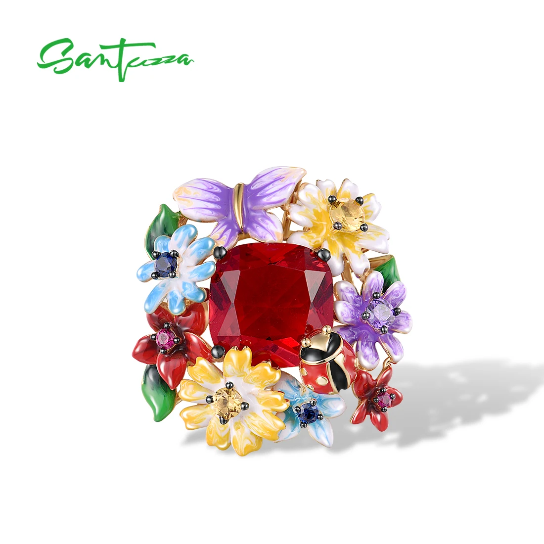 SANTUZZA Pure 925 Sterling Silver Pendant For Women Red Stone Colorful Flowers Butterfly Ladybug Fine Jewelry HANDMADE Enamel