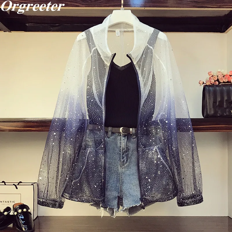 Separately sale 3 Piece Set Women Gradient Mesh star sequins Sunscreen Shirt + Solid Knit Vest +High waist Denim Shorts Suits |