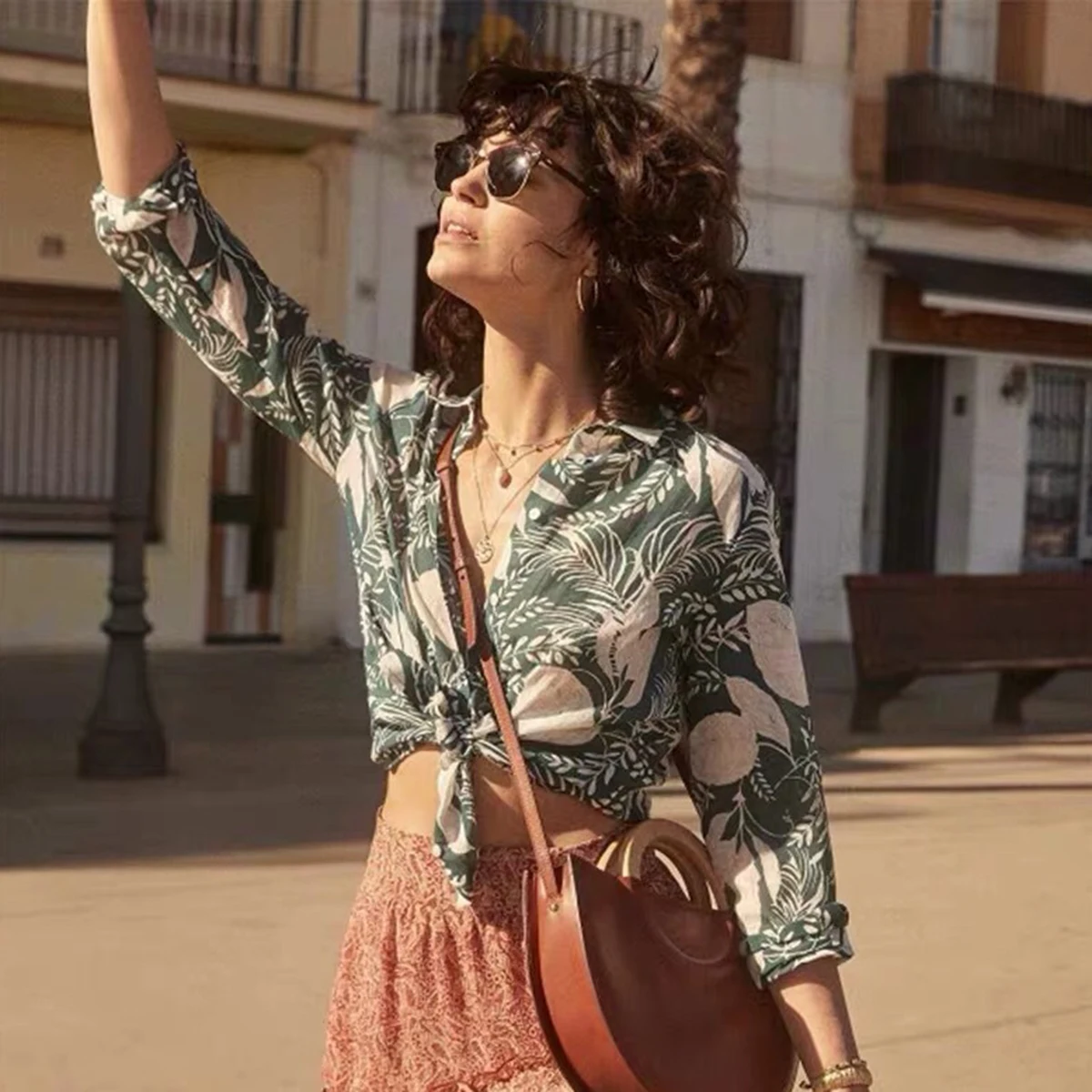 Foliage Printed Shirts Women Summer Casual Long