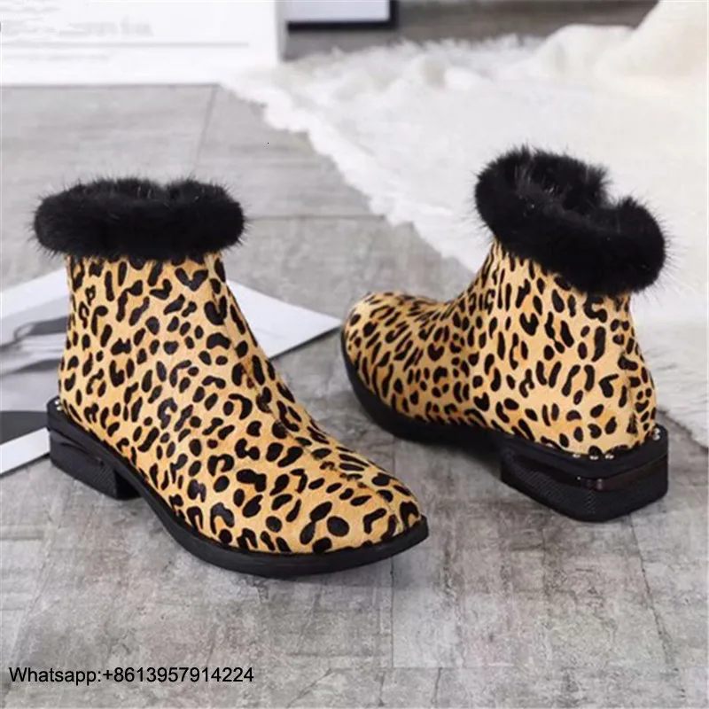 

Boots Women Chaussures Femme Female Shoes Round toe Ladies Boots Leopard Botas Mujer Flock Buty Damskie Zipper