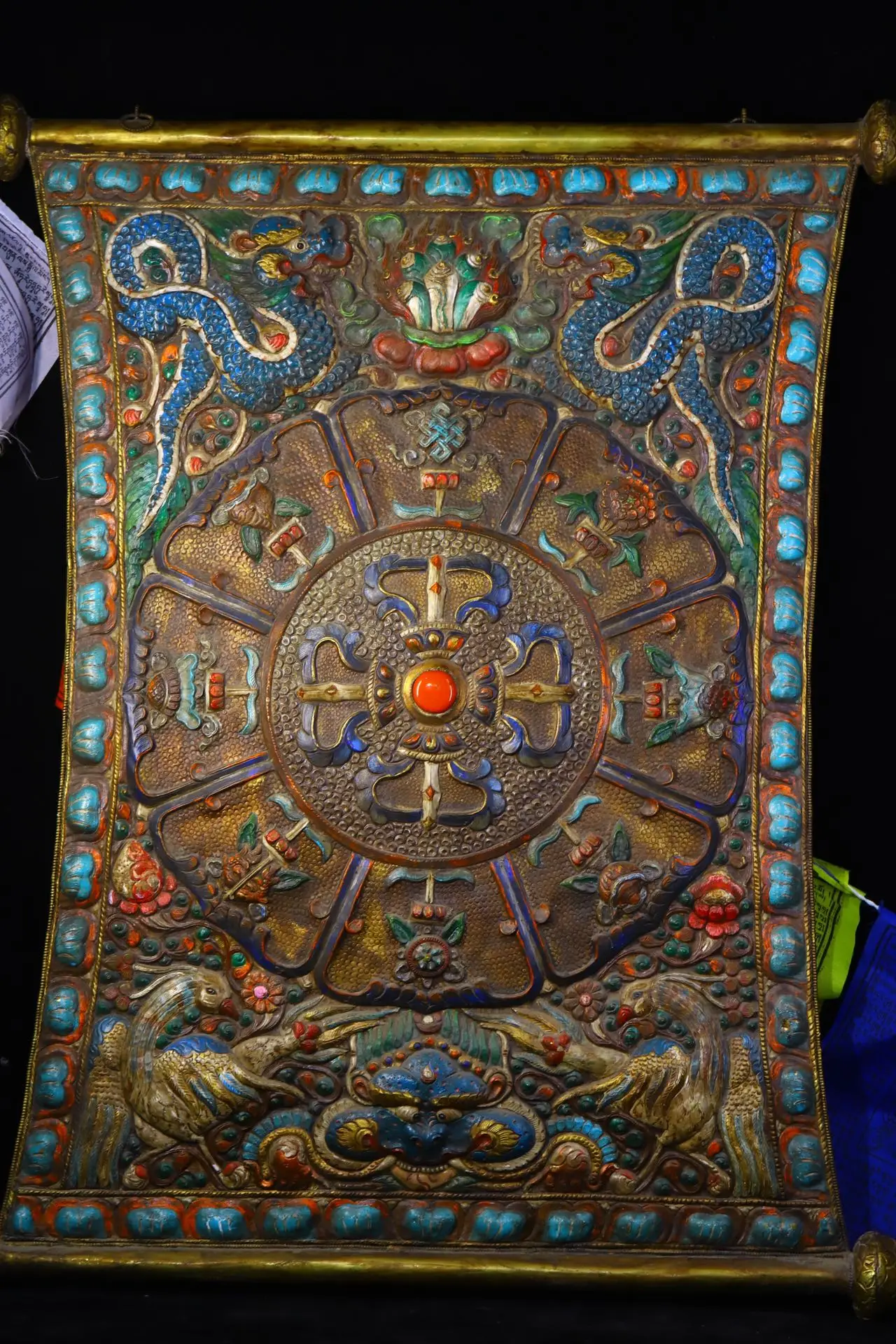 

31"Tibetan Temple Collection Old Bronze Painting Cross Vajra Auspicious Eight Treasures Animal texture Thangka mandala Hanging
