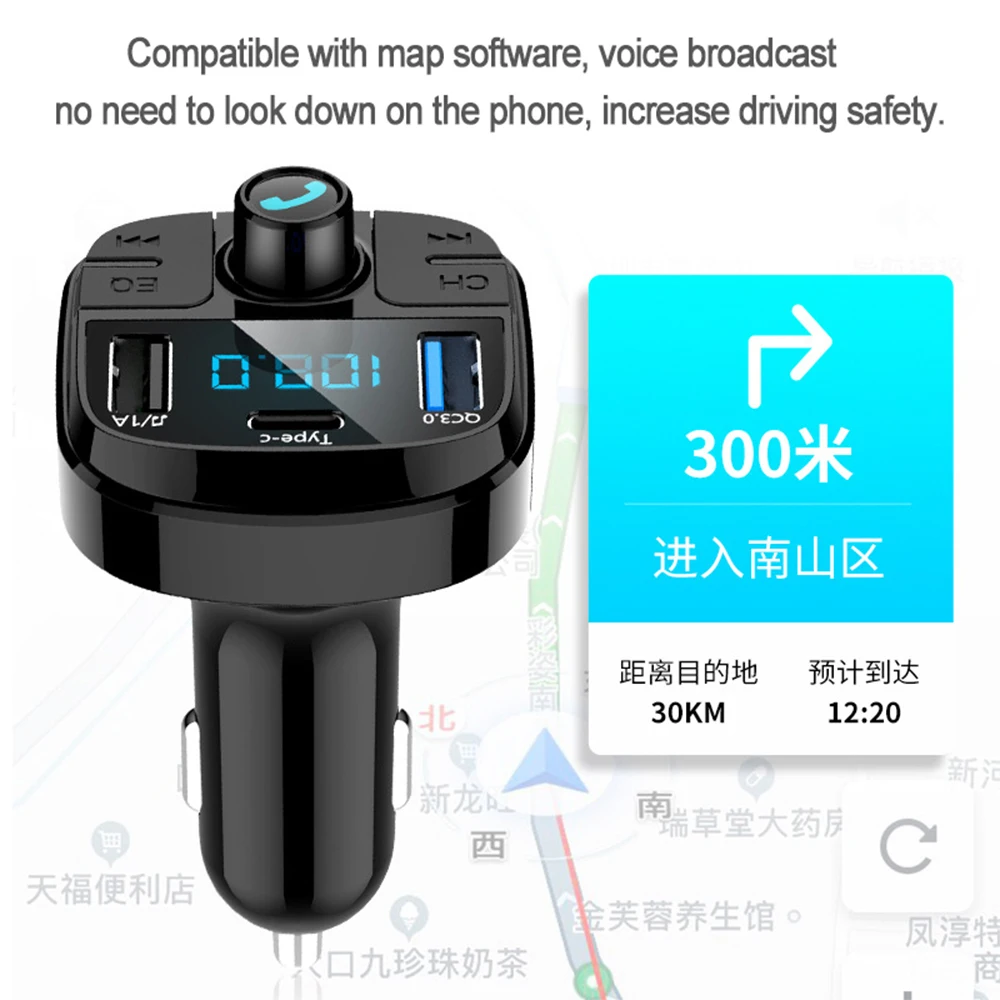 Fm-передатчик MP3 Bluetooth 5,0 Автомобильный плеер двойной USB QC3.0 тип-c Handsfree держатель телефона автомобильный модулятор fm-радио адаптер зарядное устройство