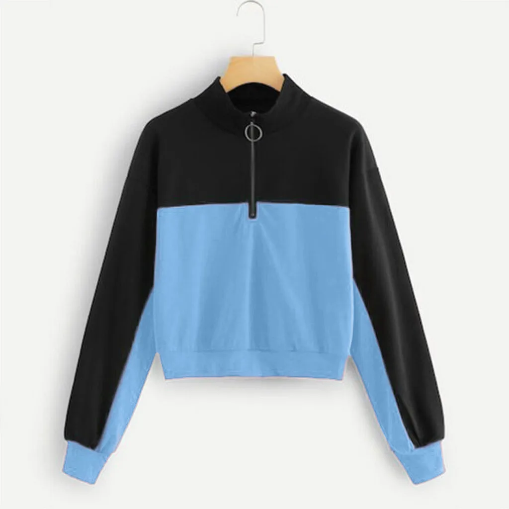 Jaycosin 2019 Fashion Autumn Women Simple Loose Colorblock Zipper Sweatshirt Stylish Long Sleeve Comfortable Casual Blouse 108#4