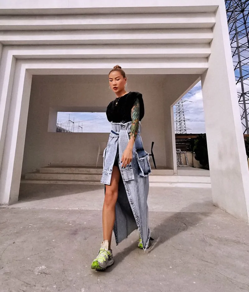 WHITNEY WANG весна лето мода уличная Высокая талия рукав пояса юбки джинсовые с разрезом женские джинсовые юбки