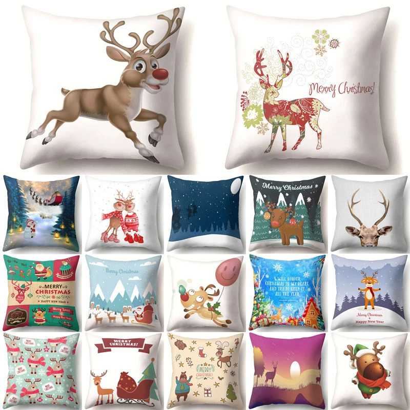 

1Pcs Deer Pattern Christmas Cushion Cover Decorative Throw Pillow Xmas New Year Decor Polyester Pillowcase Home Decoration 40543