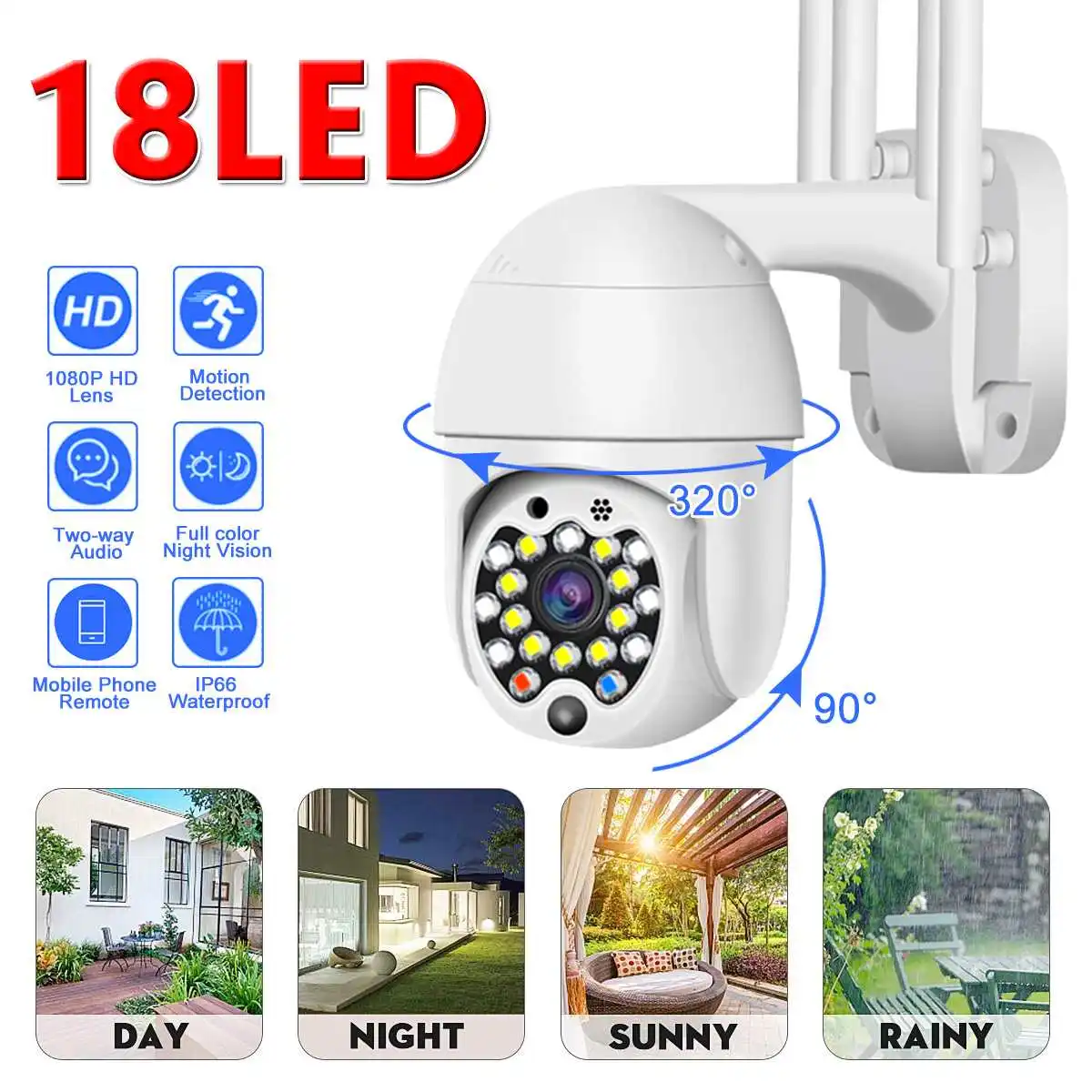 

18 LEDs IP Camera IP67 Waterproof Sunscreen 1080P 2MP Maximum WiFi Camera Night Vision Security Camera Support 128G TF Card