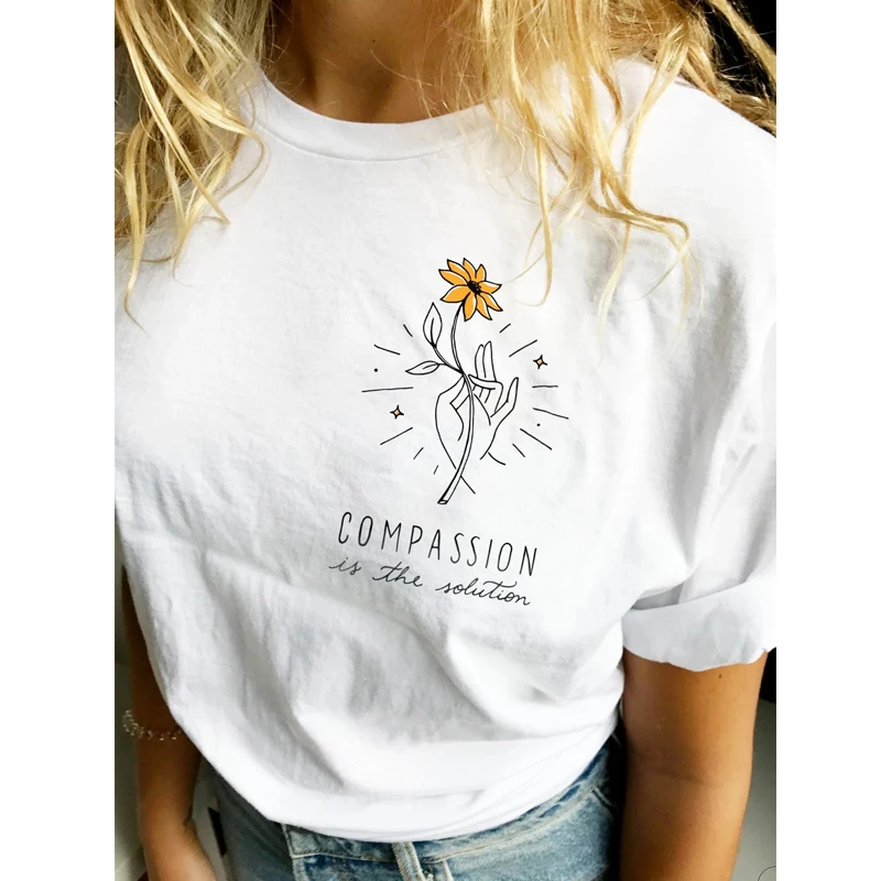 Compassion Is The Solution Sunflower Colored Pocket T-shirt Fashion Summer Inspirational Tshirt Women Graphic Slogan Tees Tops | Женская